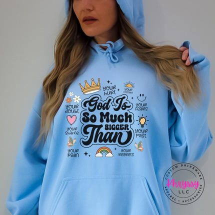 Carolina Blue pullover hoodie featuring a retro God Is So Much Bigger Than design.