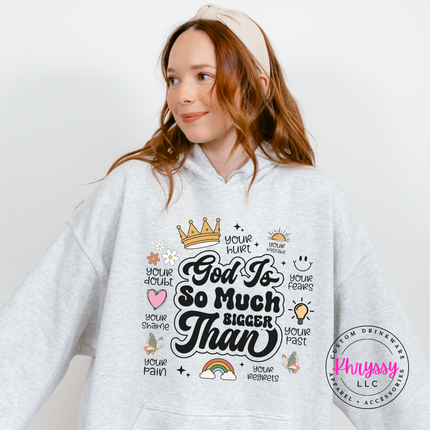 Ash pullover hoodie with a God Is So Much Bigger Than faith graphic and icons.