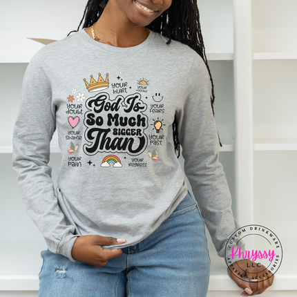 Athletic Heather long sleeve tee featuring a retro God Is So Much Bigger Than design.