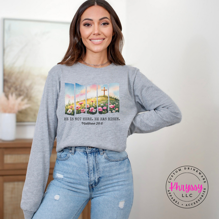 Athletic Heather long sleeve tee featuring a watercolor He Has Risen Easter design.
