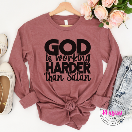 Mauve long sleeve tee showing a bold black faith and humor graphic