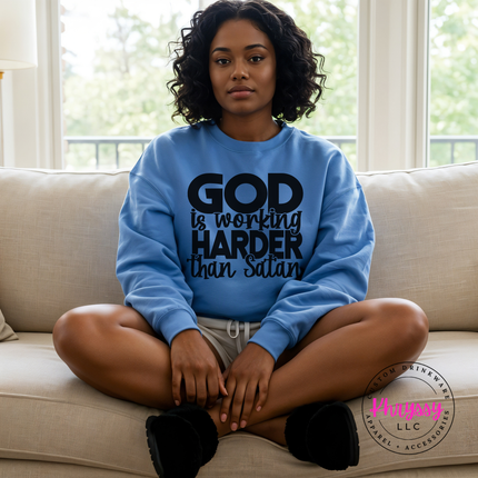 Carolina Blue crewneck sweatshirt featuring a faith statement in block and script