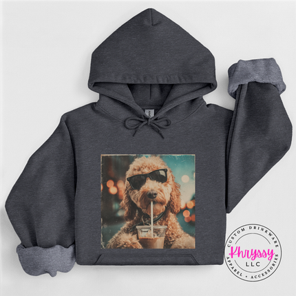 Gray hoodie with a dog wearing sunglasses and a drink graphic on a white background