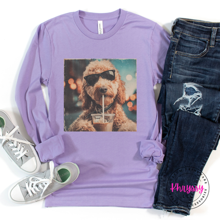 Dark lavender long-sleeve shirt with a dog graphic, paired with jeans and sneakers on a white background.