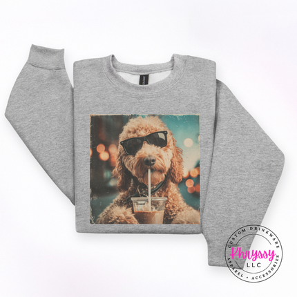 Gray sweatshirt with a graphic of a dog drinking from a straw on a white background