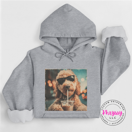 Gray hoodie with a dog wearing sunglasses and drinking coffee design on a white background