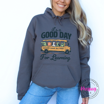Charcoal colored brushed-fleece hoodie with vintage school bus animal design.