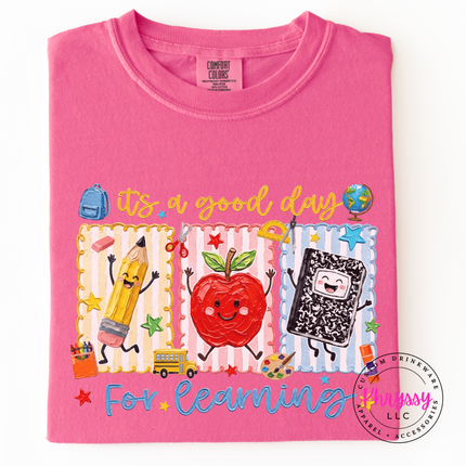 Crunchberry tan tee with a cheerful classroom-themed pencil and apple print.