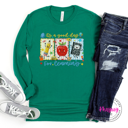 Kelly green soft cotton shirt with cheerful classroom pencil and apple art.