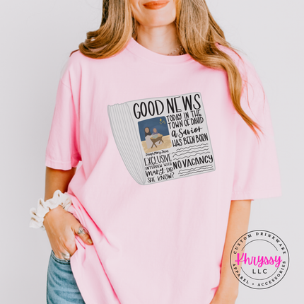 Blossom tee featuring a vintage Good News nativity newspaper.