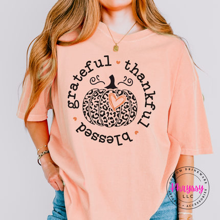 Peachy tee with the thankful and blessed circle pumpkin graphic
