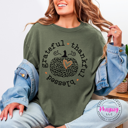 Sage tee with the grateful thankful blessed leopard pumpkin graphic
