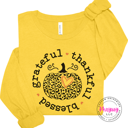 Heather Yellow Gold long sleeve tee with the fall leopard pumpkin with heart print