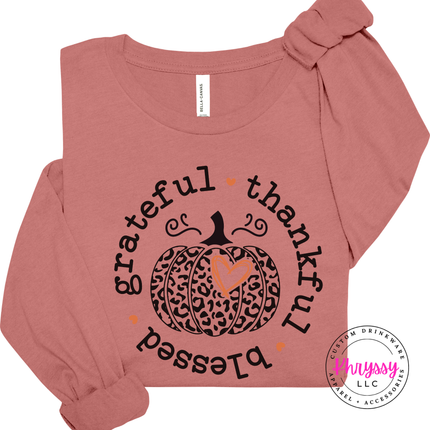 Mauve long sleeve tee with the leopard pumpkin grateful thankful blessed design