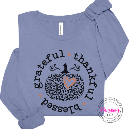 Lavender Blue long sleeve tee with the grateful thankful blessed leopard pumpkin graphic