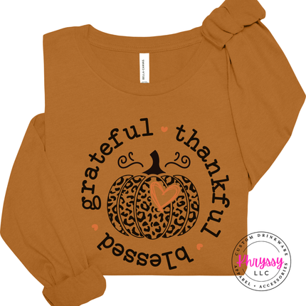 Toast long sleeve tee with the leopard pumpkin grateful thankful blessed design