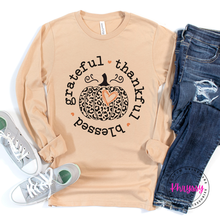Sand Dune long sleeve tee with the grateful thankful blessed leopard pumpkin graphic