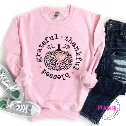 Light Pink crewneck sweatshirt featuring a grateful thankful blessed circle print.