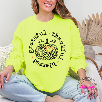 Safety Green crewneck sweatshirt with the fall leopard pumpkin with heart print