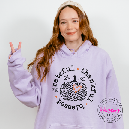 Orchid hoodie with the thankful and blessed circle pumpkin graphic