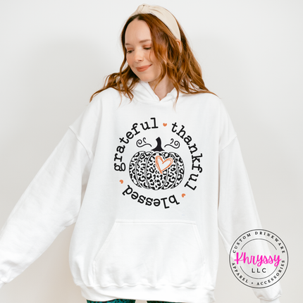 White hoodie featuring a grateful thankful blessed circle print.