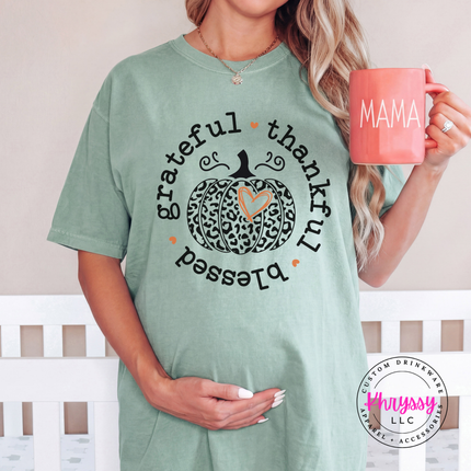 Bay tee with the grateful thankful blessed leopard pumpkin graphic