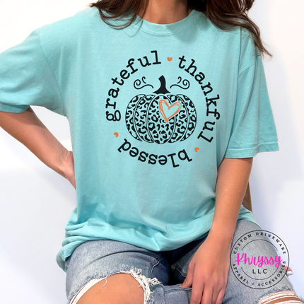 Chalky Mint tee with the thankful and blessed circle pumpkin graphic