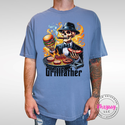Blue Jean garment-dyed tee with a suited skeleton grilling under the Grillfather title.