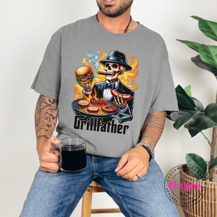Grey relaxed tee featuring a mob-boss skeleton flipping burgers and sausages.