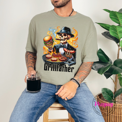 Khaki soft cotton tee with the Grillfather skeleton and bright grill flames.