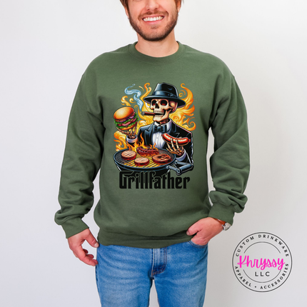 Military Green crewneck featuring a mob-boss skeleton flipping burgers and sausages.