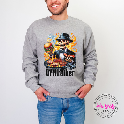 Sport Grey crewneck printed with a sharp-dressed BBQ skeleton design.