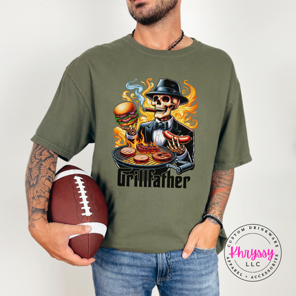 Sage Comfort Colors tee printed with a sharp-dressed BBQ skeleton design.