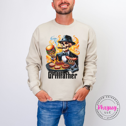 Sand heavyweight crewneck with the Grillfather skeleton and bright grill flames.