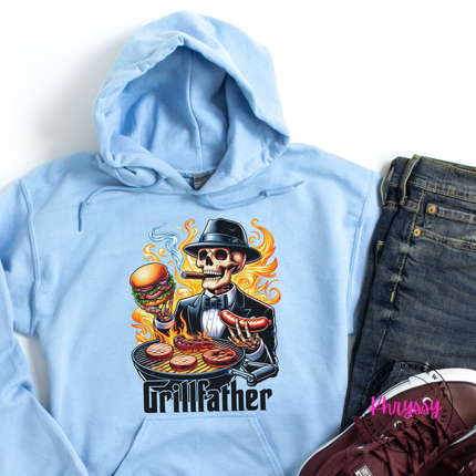 Light Blue hoodie featuring a mob-boss skeleton flipping burgers and sausages.