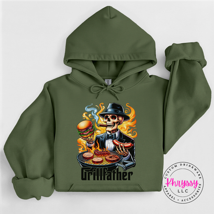 Military Green hoodie with the Grillfather skeleton and bright grill flames.