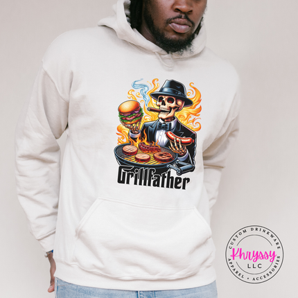 Sand heavyweight hoodie printed with a sharp-dressed BBQ skeleton design.