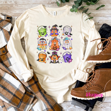 Ivory tee featuring a colorful trick-or-treat collage.