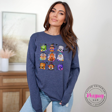 Heather Navy tee with a nostalgic Halloween candy bucket illustration.