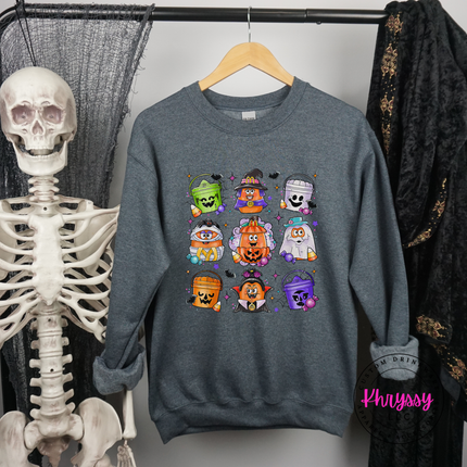 Dark Heather crewneck sweatshirt with a hand-illustrated candy bucket grid.