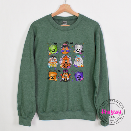 Heather Sport Dark Navy colored crewneck sweatshirt featuring nine trick-or-treat characters.