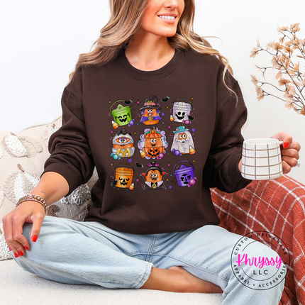 Dark Chocolate crewneck sweatshirt with a nostalgic Halloween bucket illustration.
