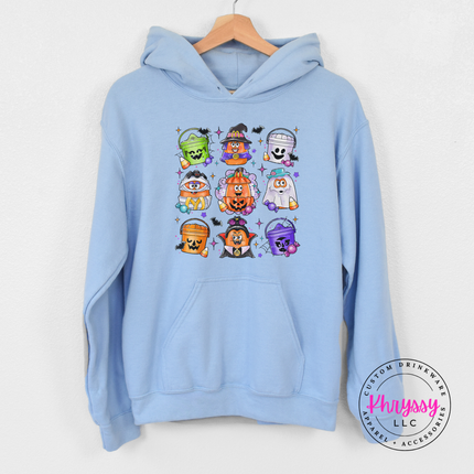 Light blue pullover hoodie with a candy bucket design.