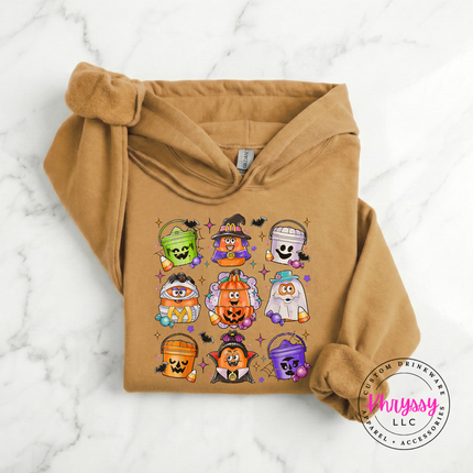 Old gold pullover hoodie with a hand-illustrated candy bucket grid.