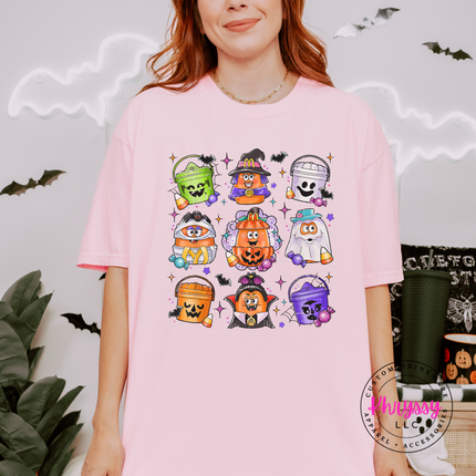 Blossom tee with a hand-illustrated Halloween candy bucket grid.