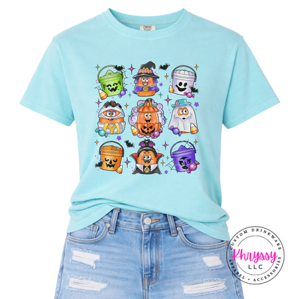 Chalky Mint colored tee with a nostalgic Halloween candy bucket illustration.
