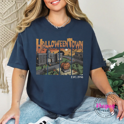 True Navy tee with the Halloween town vintage scene graphic