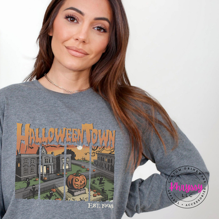 Athletic Heather long sleeve tee with the Halloween town vintage scene graphic