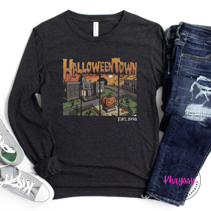 Dark grey heather long sleeve with a nostalgic Halloweentown print.