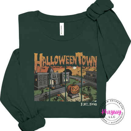 Forest long sleeve tee with the spooky town square jack o lantern print